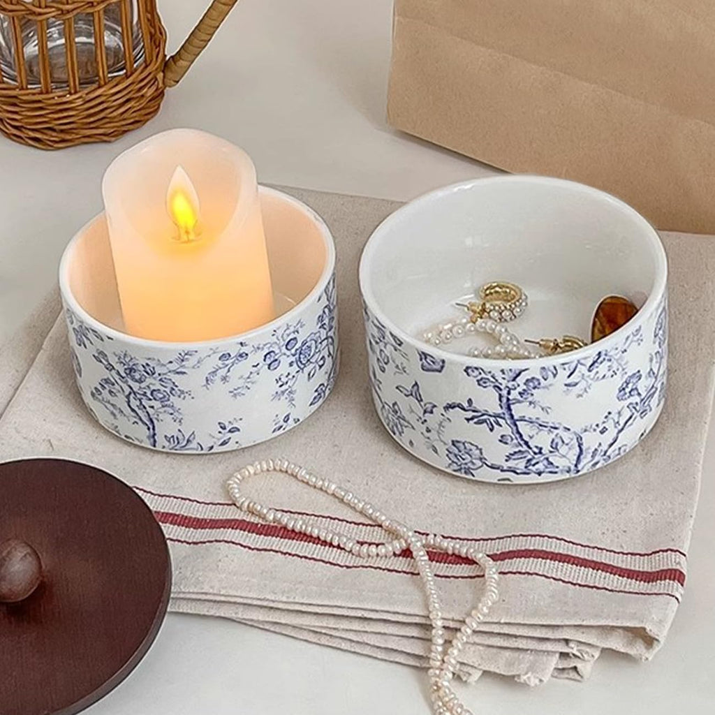 Ceramic Jewelry Box with Wood Lid Blue White Jewelry Case Ring Holder Trinket Vintage Floral Porcelain Round Jewelry