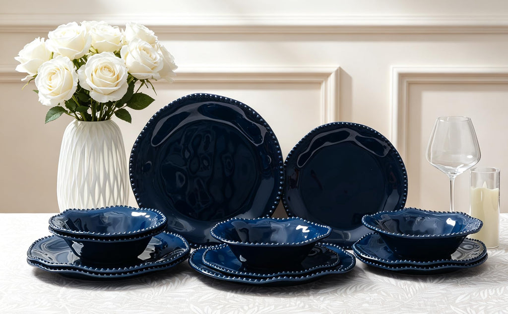 12 Piece Melamine Beaded Dinnerware Set, Service for 4, Dark Blue