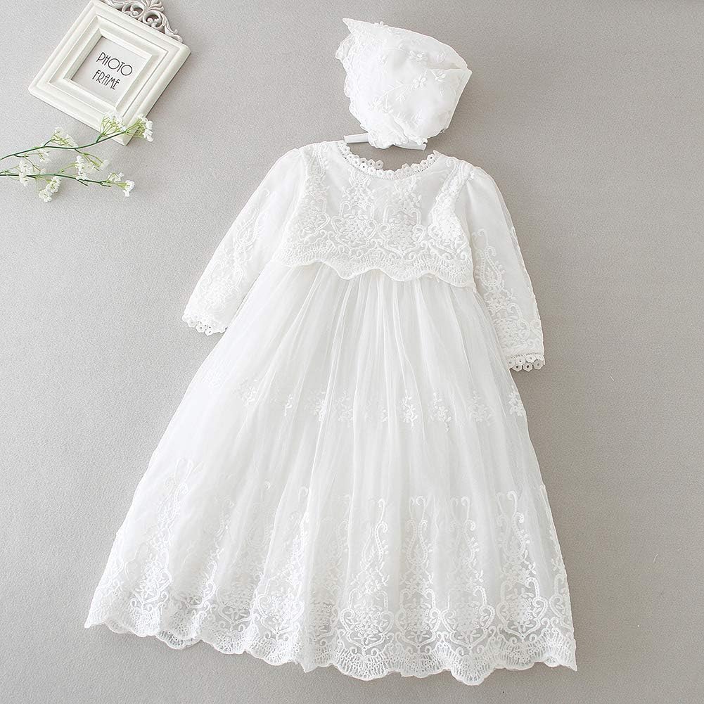 Baby Girls Long Sleeve Baptism Dress Floral Embroidery Christening Blessing Gown
