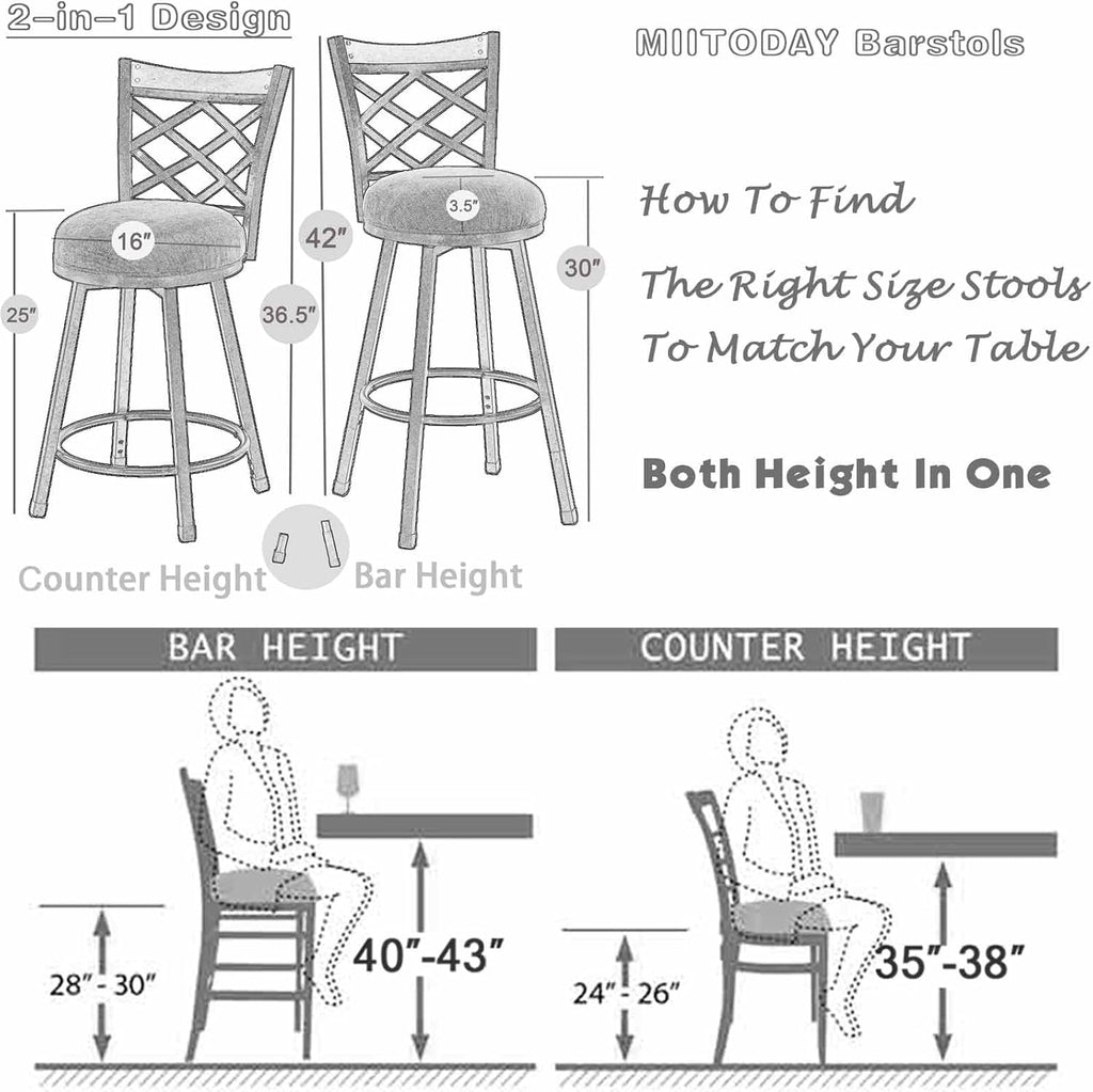 Farmhouse Swivel Bar Stools with Backs, Set of 4, 2-in-1 Adjustable 25"/30" Height, Mid-Century Modern Kitchen