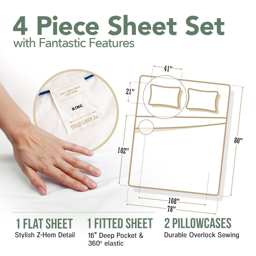 100% Organic Cotton Percale Sheets King Size - 4 PC White Organic Sheets King Set, Soft, Crisp & Cooling, Fully