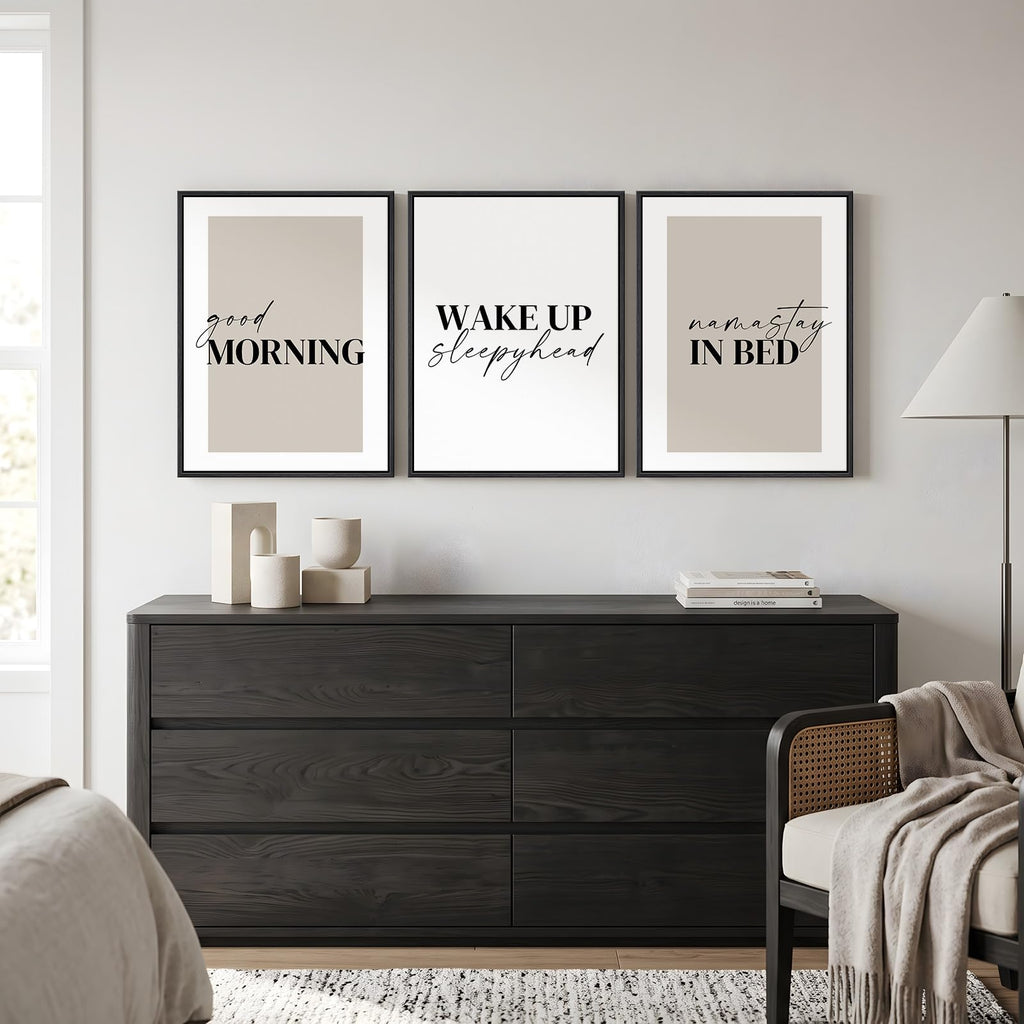 Framed Neutral 3 Piece Minimalist Canvas Wall Art Master Bedroom, 12x16 In