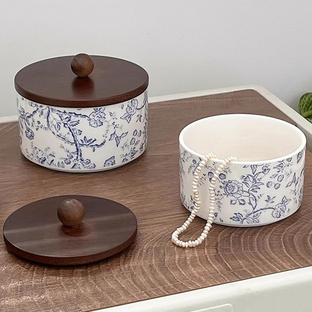 Ceramic Jewelry Box with Wood Lid Blue White Jewelry Case Ring Holder Trinket Vintage Floral Porcelain Round Jewelry