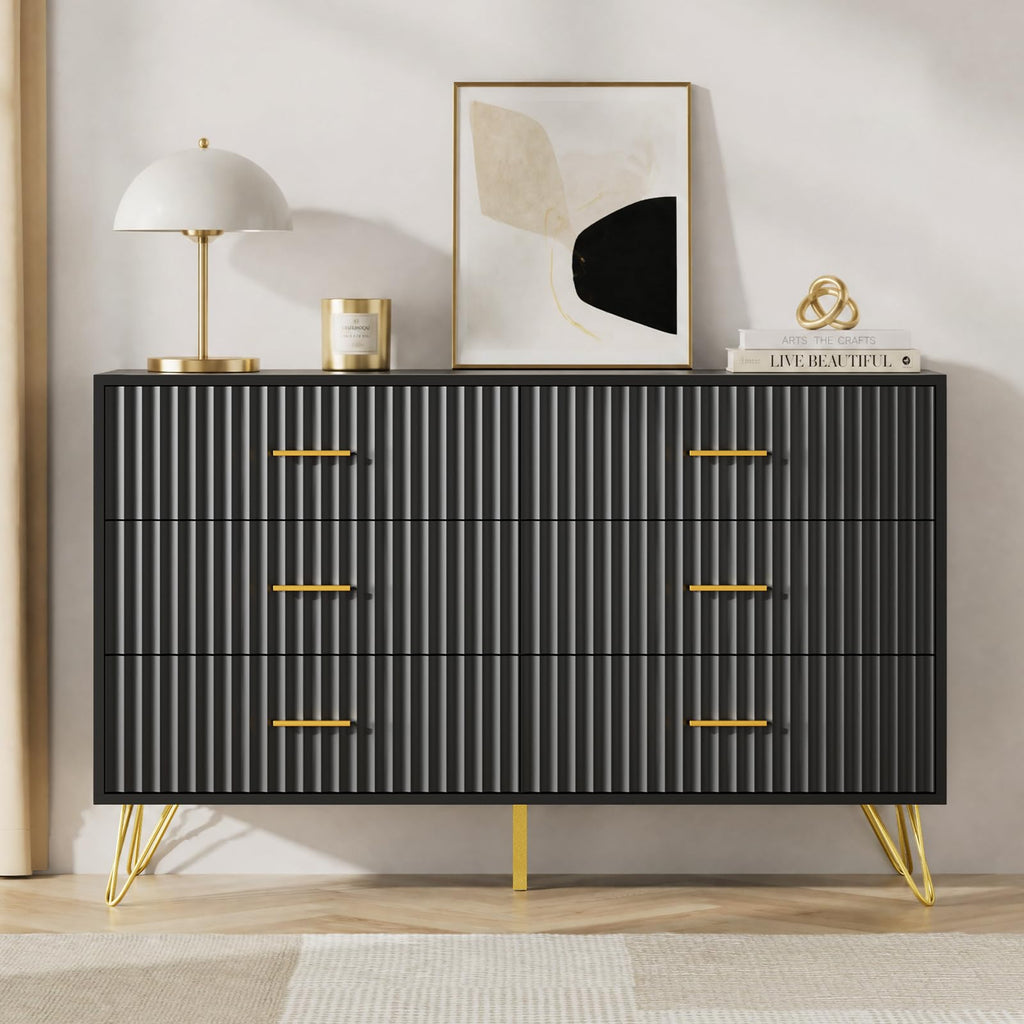 Fluted Dresser, 6 Drawer Black Dresser with Gold Handles, Modern Storage Dressers & Chests of Drawers