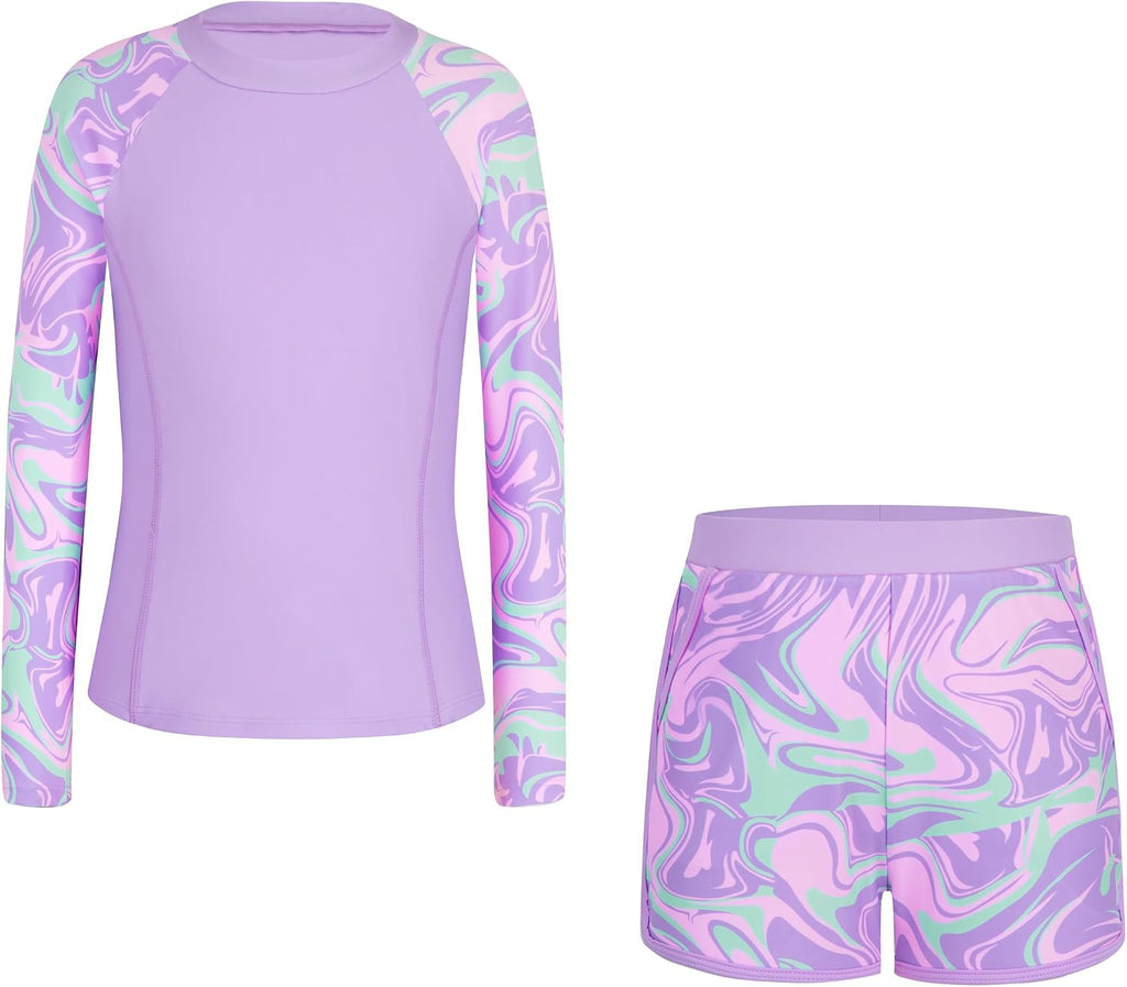 Girls Rash Guard Swimsuit Two Piece Bathing Suit UPF 50+ Sun Protection Long Sleeve Swimwear