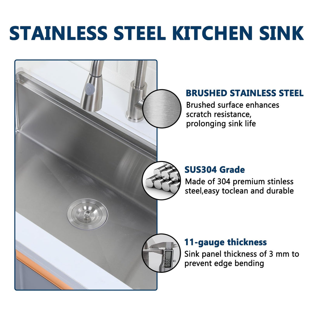 32 Inch Undermount Stainless Steel, 32" x 18" Single Bowl Undermount Workstation Sink, 16 Gauge Handmade