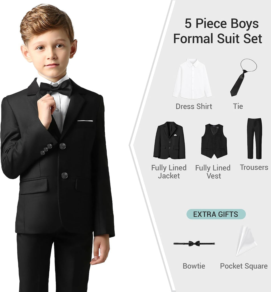Boys Slim Fit Suit, Formal Tuxedo Dress Suit Set for Teenage Boy 5Pcs Toddler Suits Wedding Outfit Homecoming