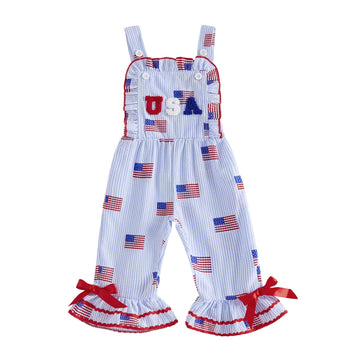 4th of July Baby Girl Outfits Toddler American Flag Print Overalls Romper Kids Bell Bottom Suspender Jumpsuit