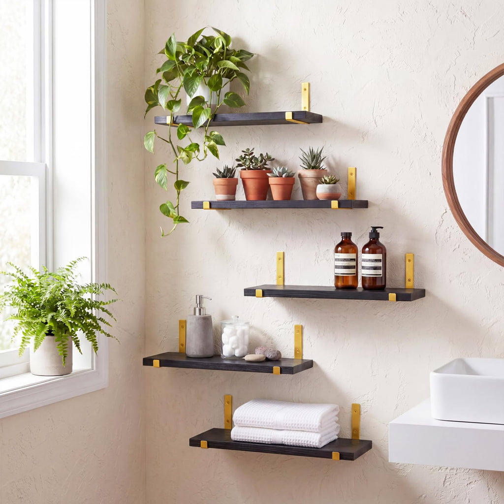 Width 4.75 Inches Floating Wall Shelves, Set of 5, Black Gold