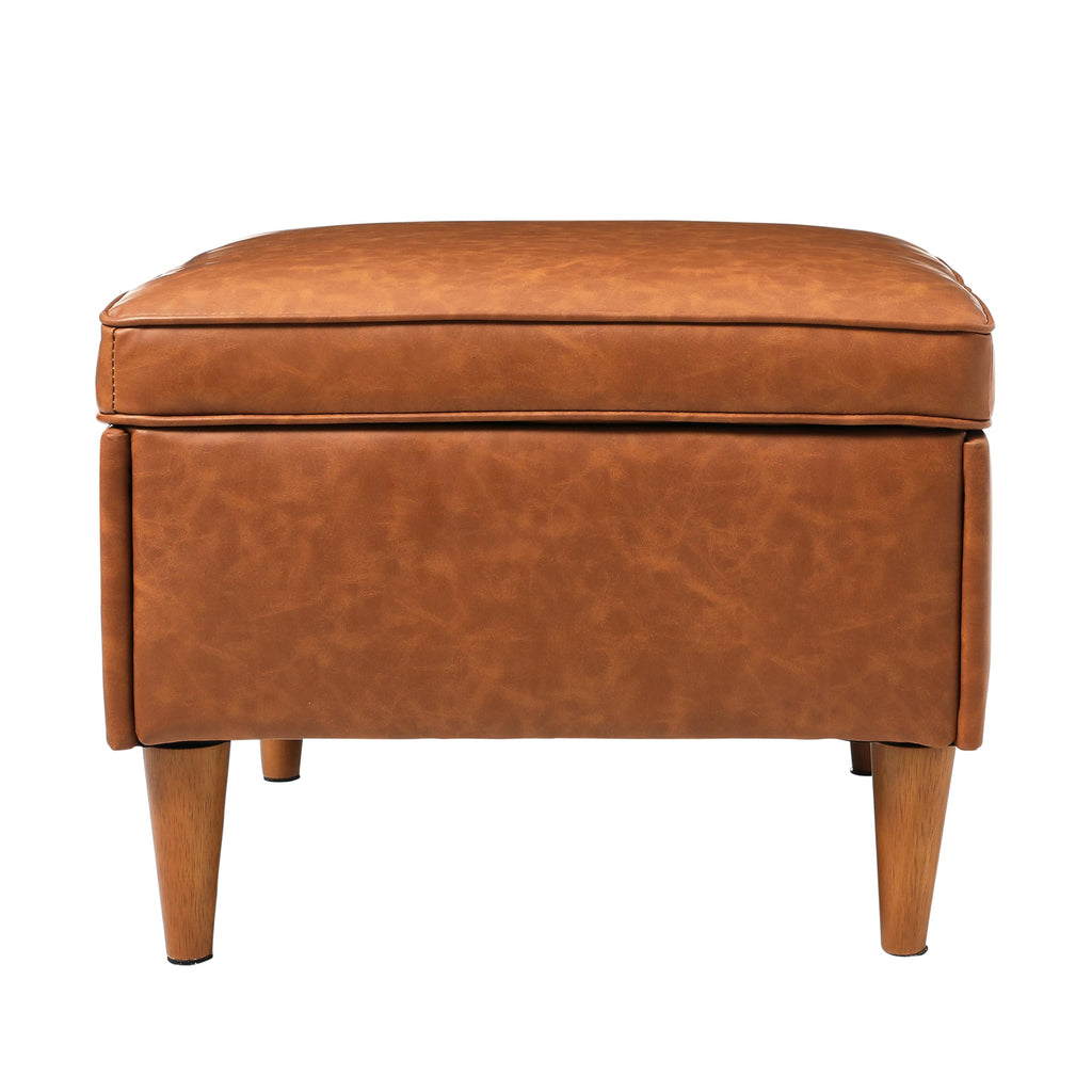 Atley Upholstered Modern Ottoman with Storage and Solid Wood Legs, Cognac Vegan Leather