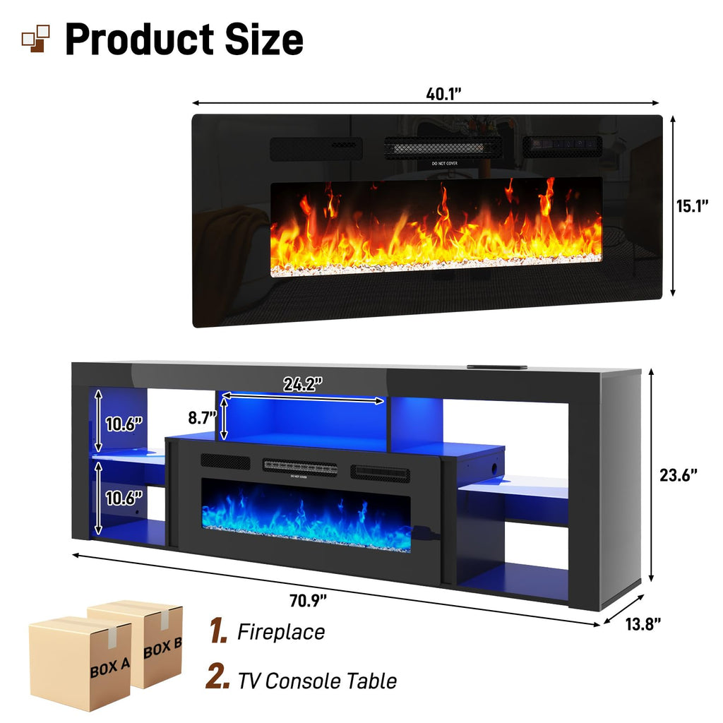 71" Floating for up to 85" TVs, Modern High Gloss Entertainment Center w/40 Electric Fireplace, Charging Station&LED