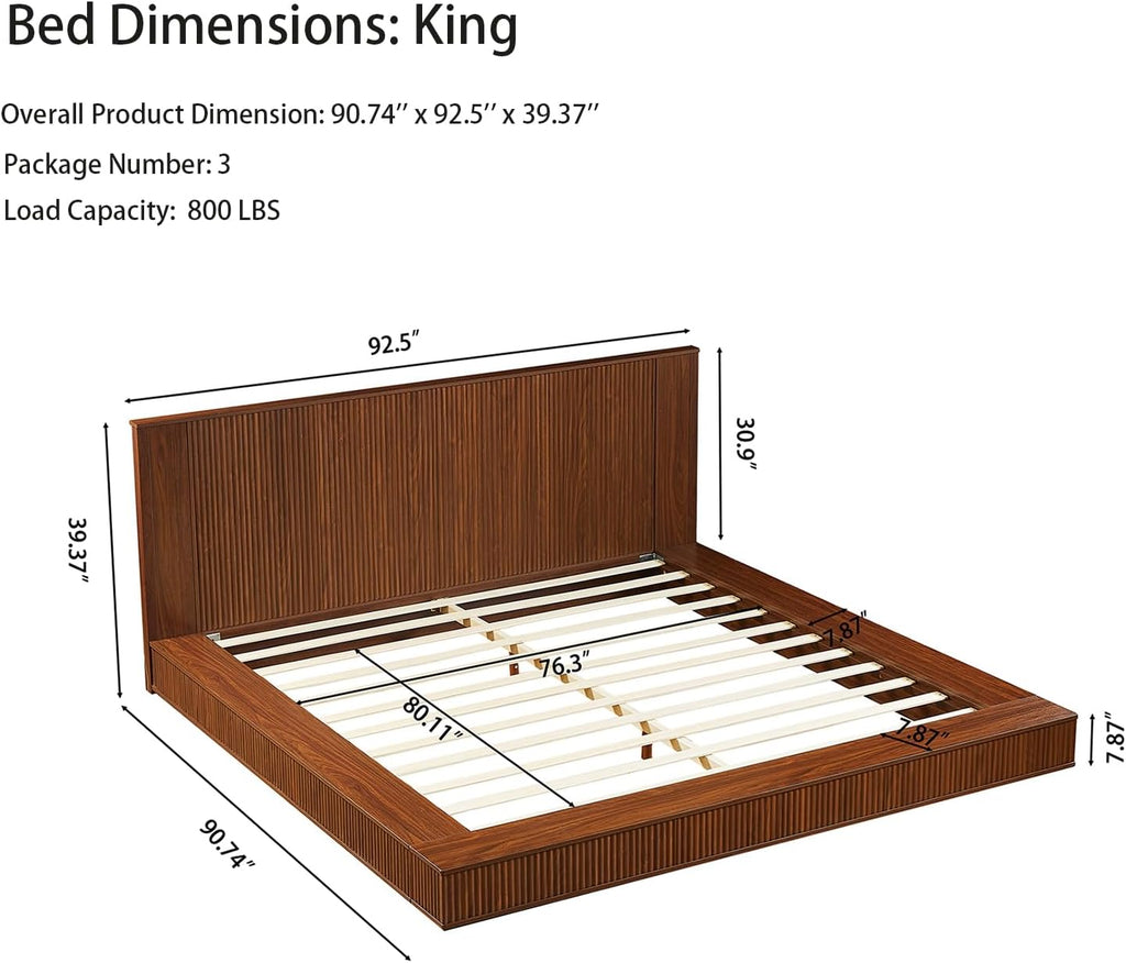 Japanese Wooden Floor Bed Frame King with Walnut Headboard