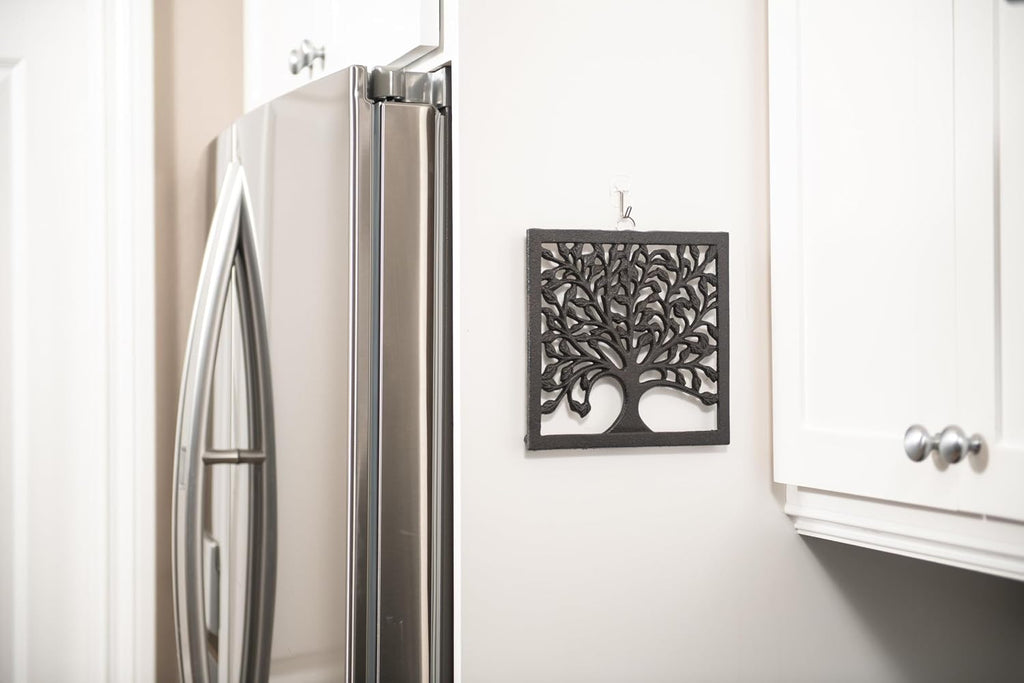 Cast Iron Trivet for Hot Dishes, Pots, and Pans, Metal Trivet, Family Tree Design, Rubber Feet Caps, Ring Hanger, 8