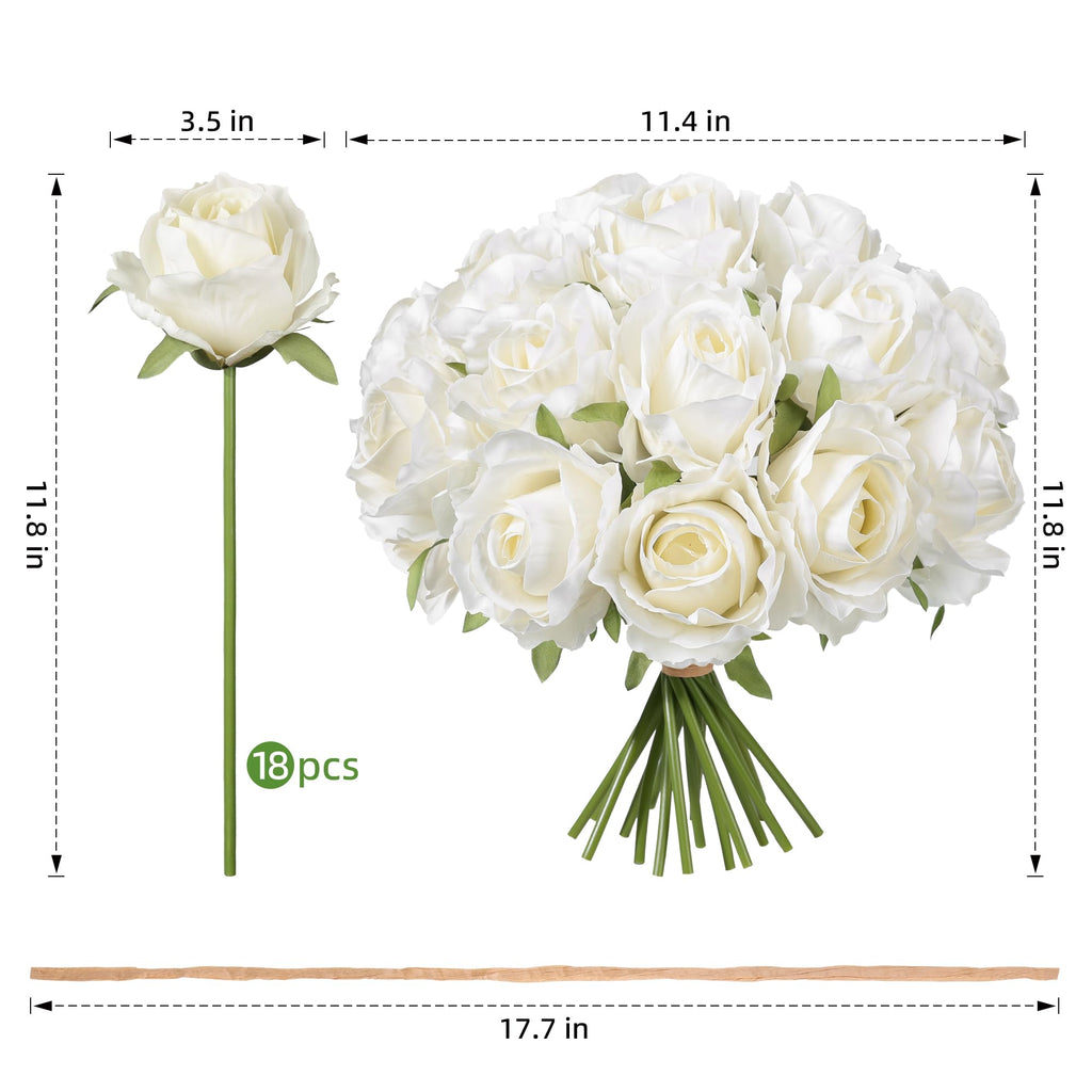 18pcs White Roses Artificial Flowers, Fake Roses Silk Flowers with Stems Realistic Bouquet for Wedding Party DIY