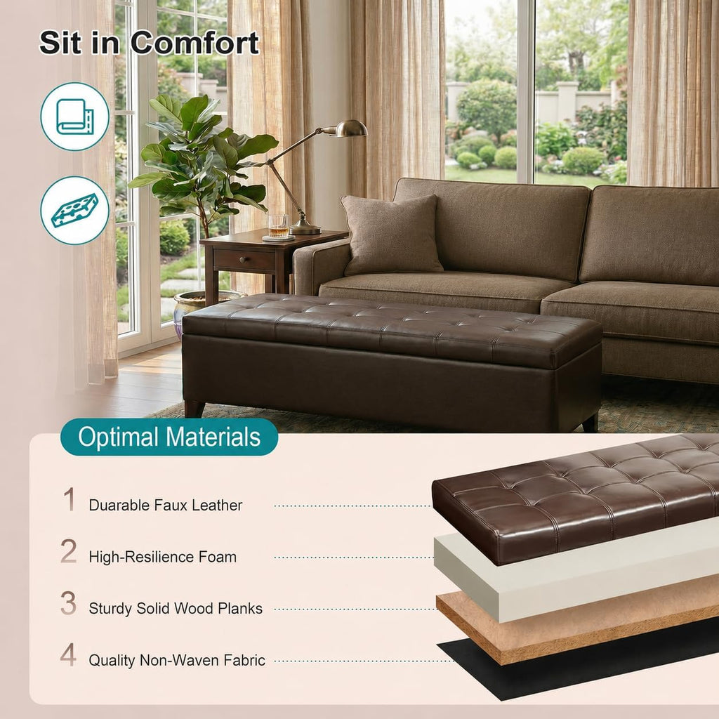 Ottoman with Storage, 51 Inch Large Ottomans Storage Bench | Faux Leather Upholstered End of Bed Bench with Hinged