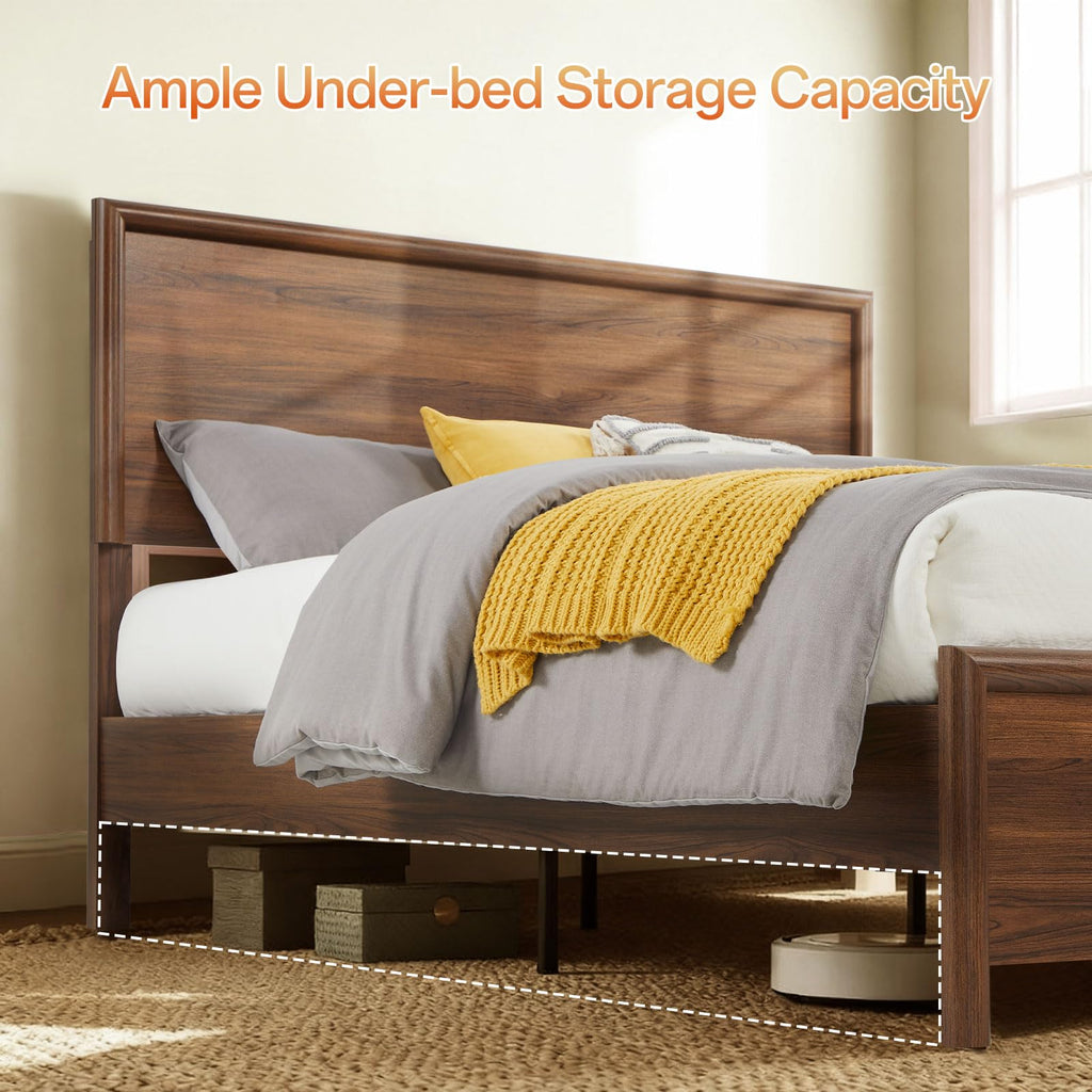 Queen Bed Frame with Headboard, Mid-Century Modern Queen-Size Bedframe with Wood Slat Support, Noise Free, No Box