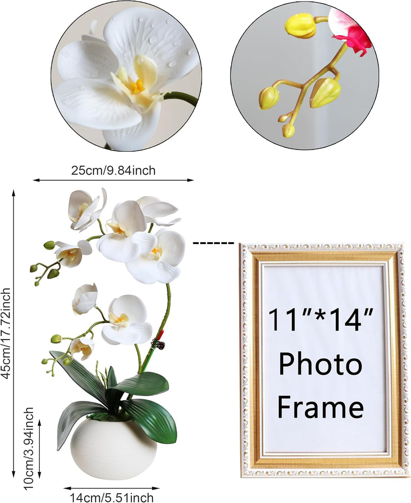Tall 17" White Real Touch Orchid Artificial Flowers with Vase Fake Orchids Silk Floral Decor Indoor Bathroom
