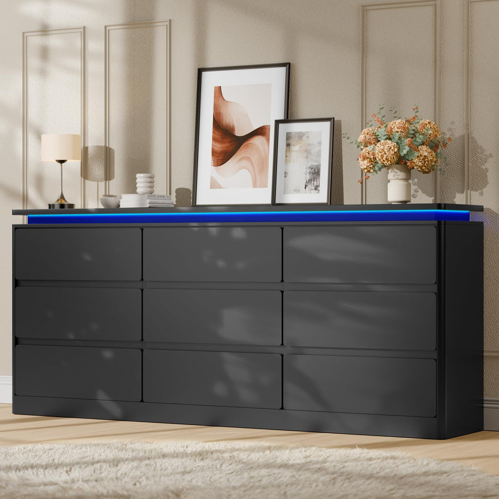 9 Drawer Dresser, 62.99" Long Black Chest of Drawers w/LED Light