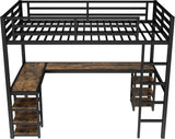 Twin XL Size Loft Bed with Desk and Shelves, Metal Twin XL loft bedframe with L Desk and 6 Storage Shelves, Black