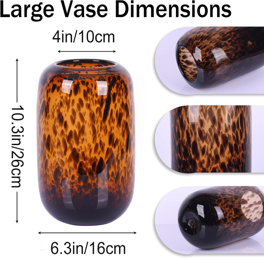 Amber Brown Glass Vase - Round Art Glass Vase with Tortoise Shell Pattern, Hand Blown Wide Mouth Decorative