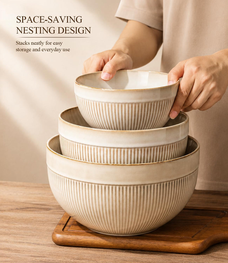Ceramic Mixing Bowls Set of 3, Stoneware Nesting Serving Bowls | 45/90/150 oz For Prep, Baking, Serving, Gift