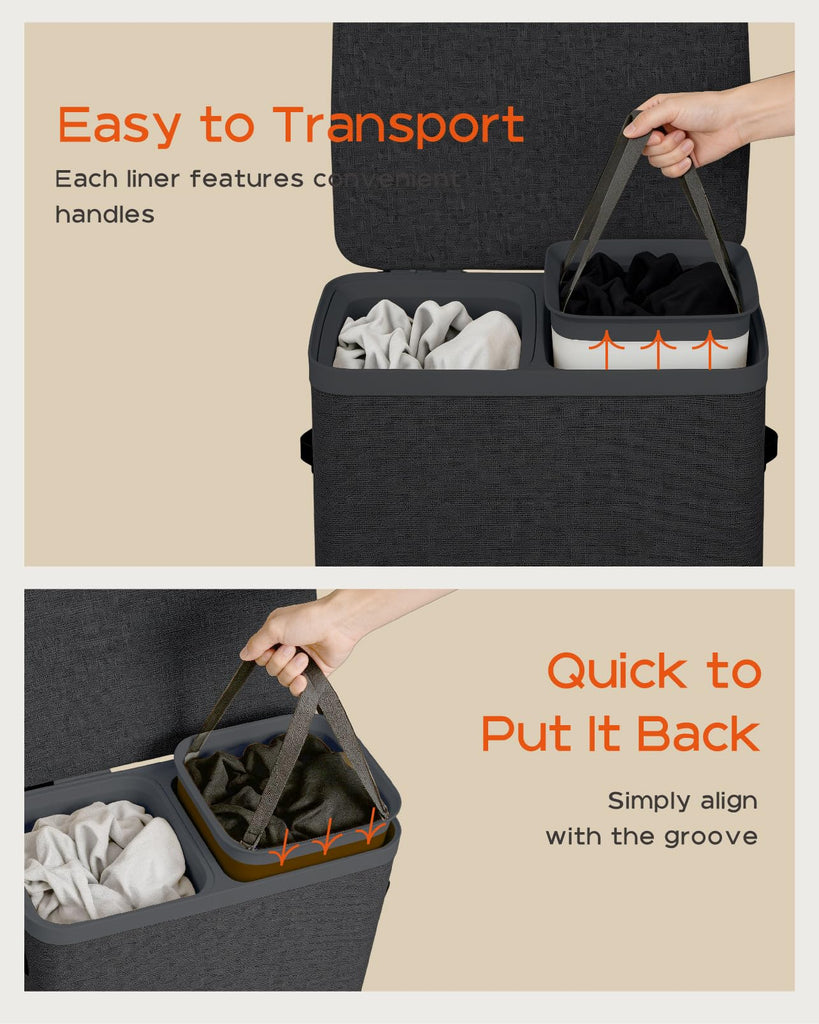 Laundry Basket with Lid, Laundry Hamper 2 Section, 170L collapsible Laundry Organizer, Easy Assembly, with Handles