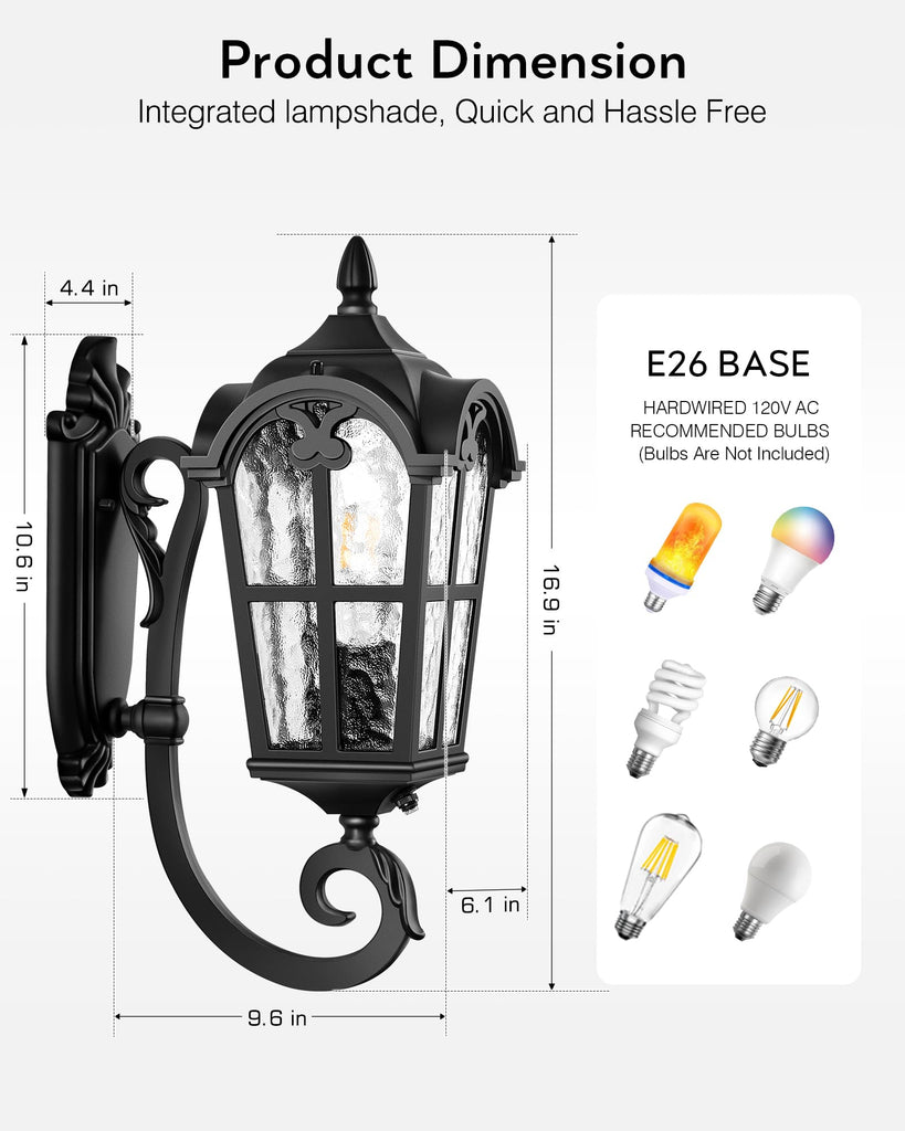 Black Dusk to Dawn Outdoor Lighting, Vintage Outdoor Sconce Lights with Water Ripple Glass, 100% Aluminium Anti-Rust