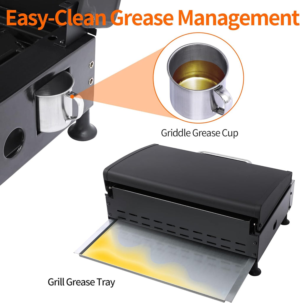 3-Burner Portable Tabletop Propane Gas Griddle with Stainless Steel Flat Top, Cast Iron Grates, 30,000 BTU Output for Camping, Tailgating, and Outdoor BBQ