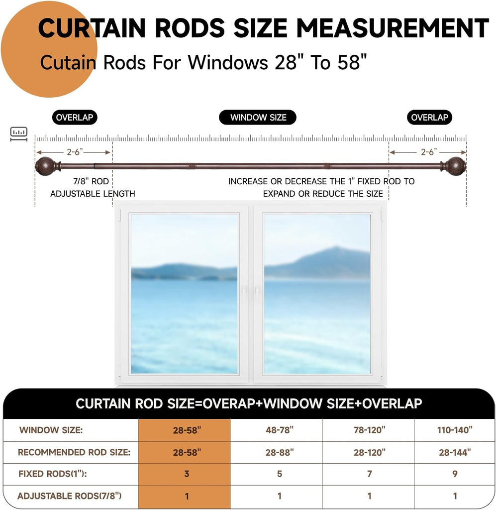 Wood Curtain Rods for Windows 28 to 48 Inches,1 inch Heavy Duty Window Curtain Rods with Imitation Wood Grain Finials
