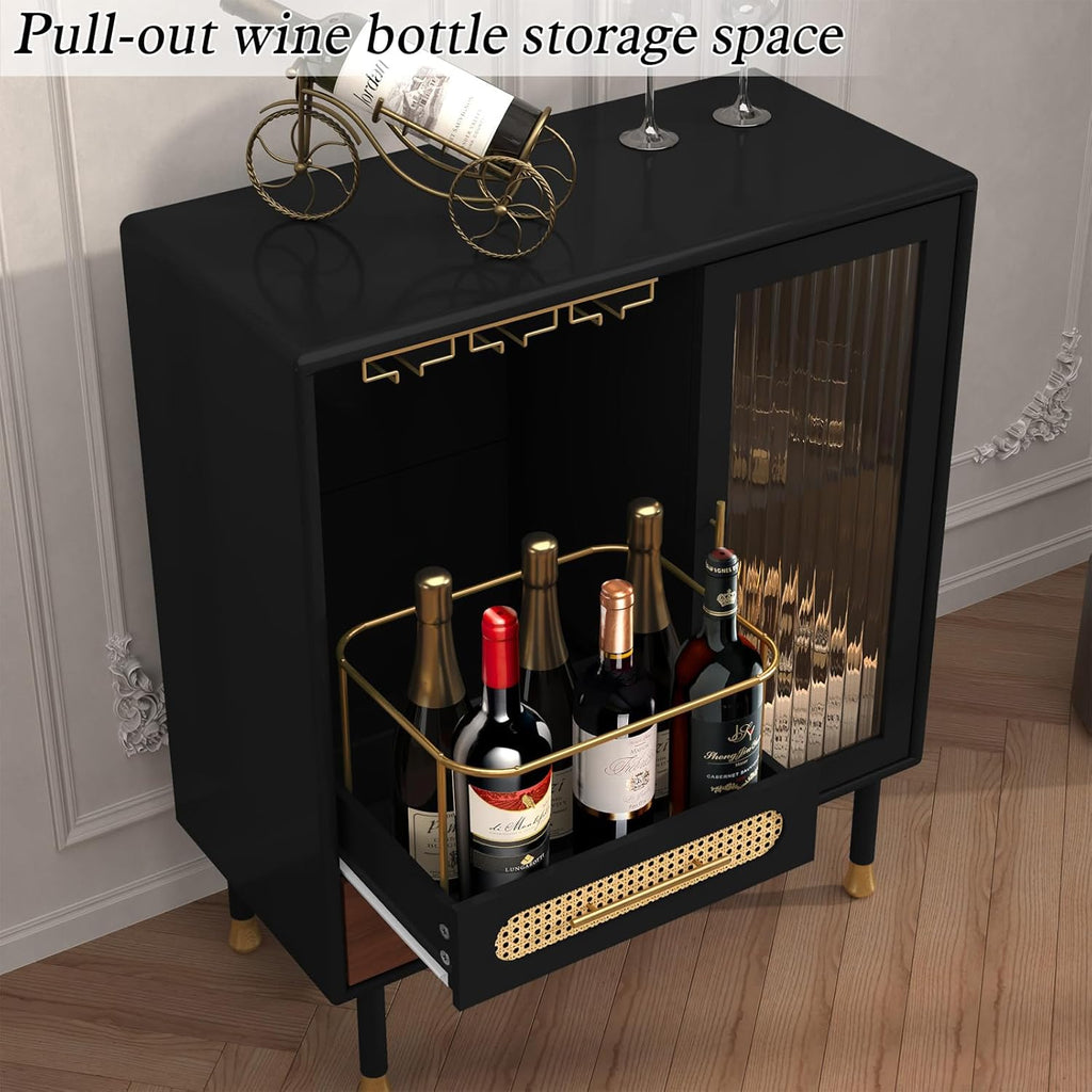 Modern Coffee Bar Cabinet with Pull-Out Wine Storage, Black | Bar Cart with Wine Glass Rack and Drawers, Liquor