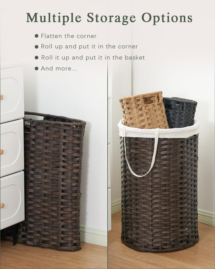 Laundry Basket with Lid Round Rattan PE Laundry Hamper, Brown