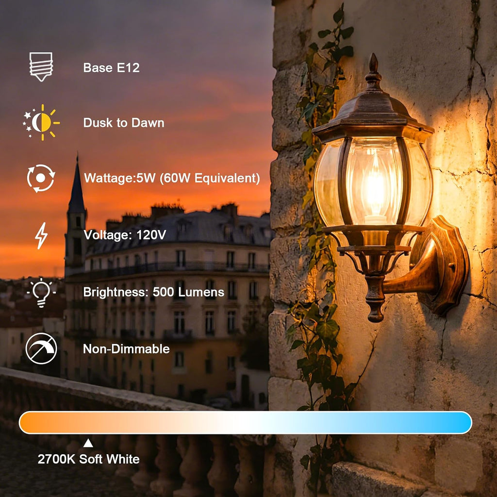 E12 Dusk to Dawn Light Bulbs Outdoor, C35 B11 5W 60W Equivalent 500LM 2700K Soft White Photocell Sensor Filament
