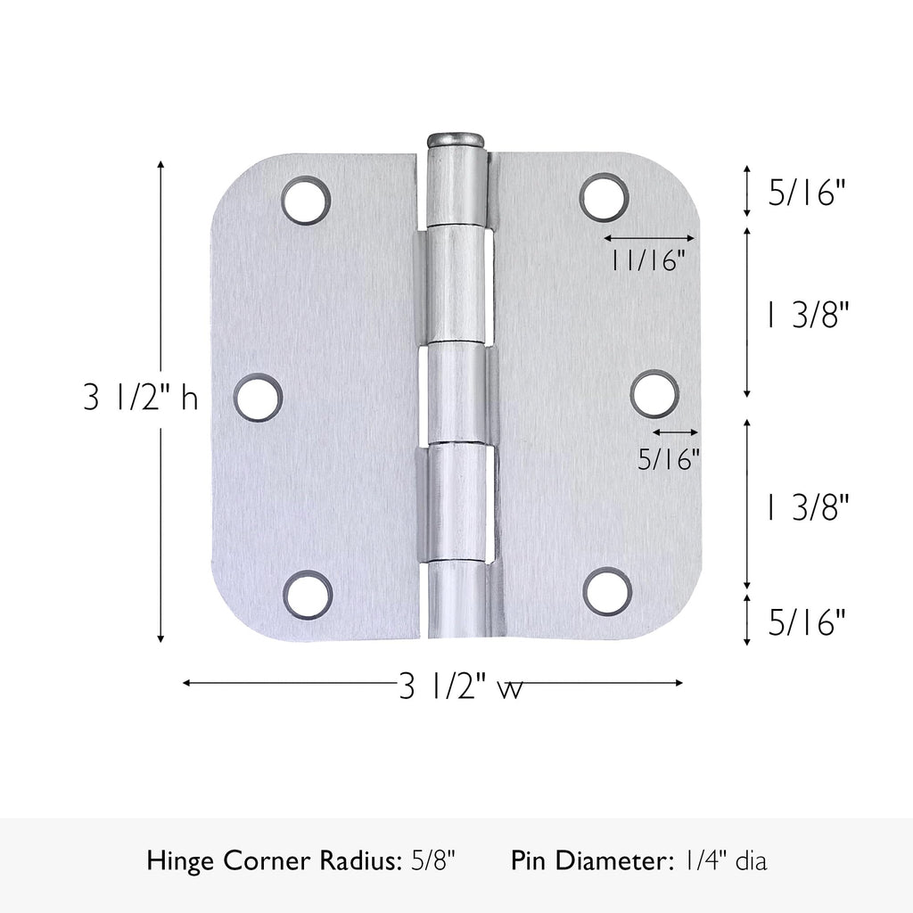 Door Hinge, 3.5 in x 3.5 in, 5/8 in Radius, Interior, Rounded Steel, Removable Pin, Pre-Lubricated, Easy to Install
