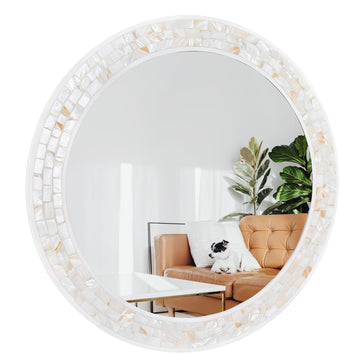 Round Bathroom Mirror 36 Inch, White Framed Mosaic Shell Mirrors