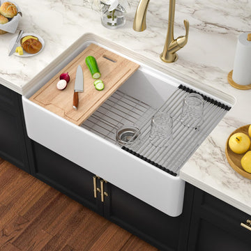 White Farmhouse Sink Workstation 33 Inch White Apron Front Fireclay Farm Sink Round Corner Apron Ceramic Single Bowl