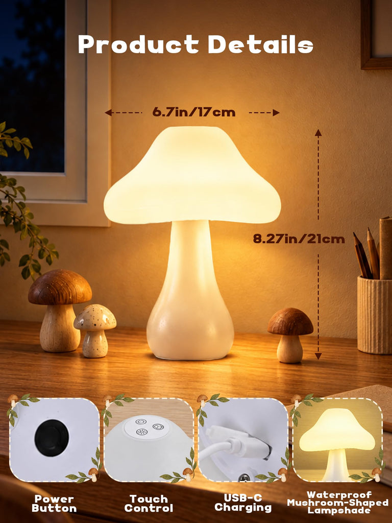 Mushroom Lamp, 10 Colors RGB+10 Brightness Rechargeable Bedside Table Lamp