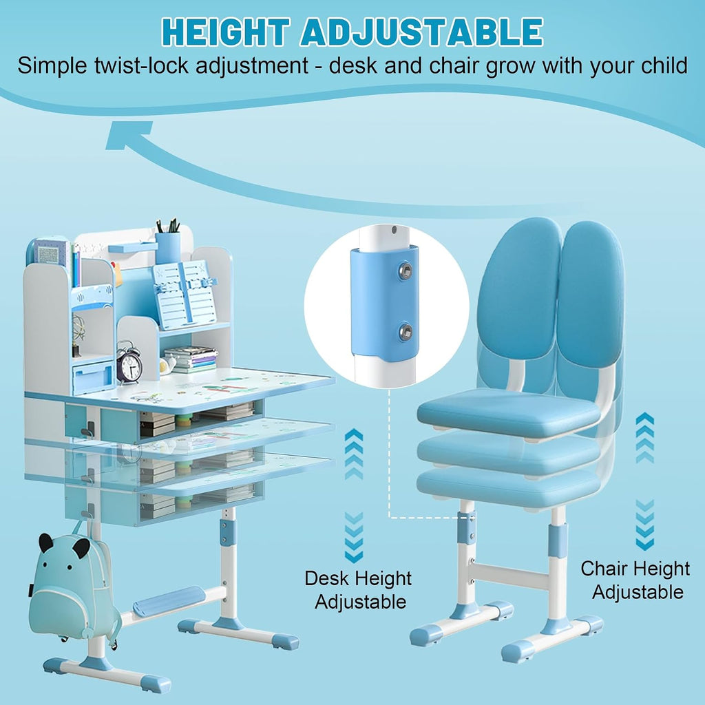 Kids Study Desk and Chair Set, Height Adjustable Kids Table with Drawer