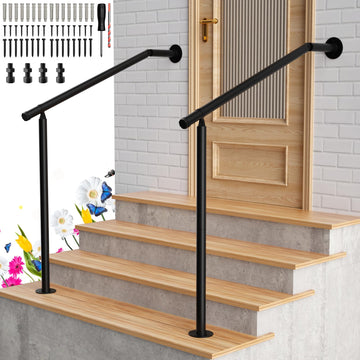 2 Pack Hand Rails for Outdoor Steps 2-3 Step Deck Railing Kit Wall Floor Mounted Wrought Iron Handrails Deck Rail Kit