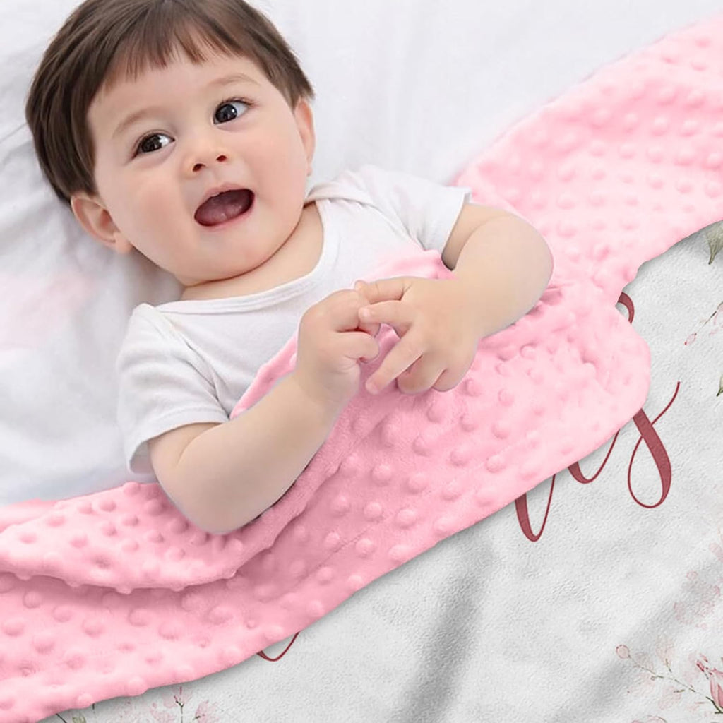 Blankets with Name - Custom Pink Bow Pattern Baby Girl Blanket - Soft Minky Dot Blanket for Crib, Nursery, Stroller