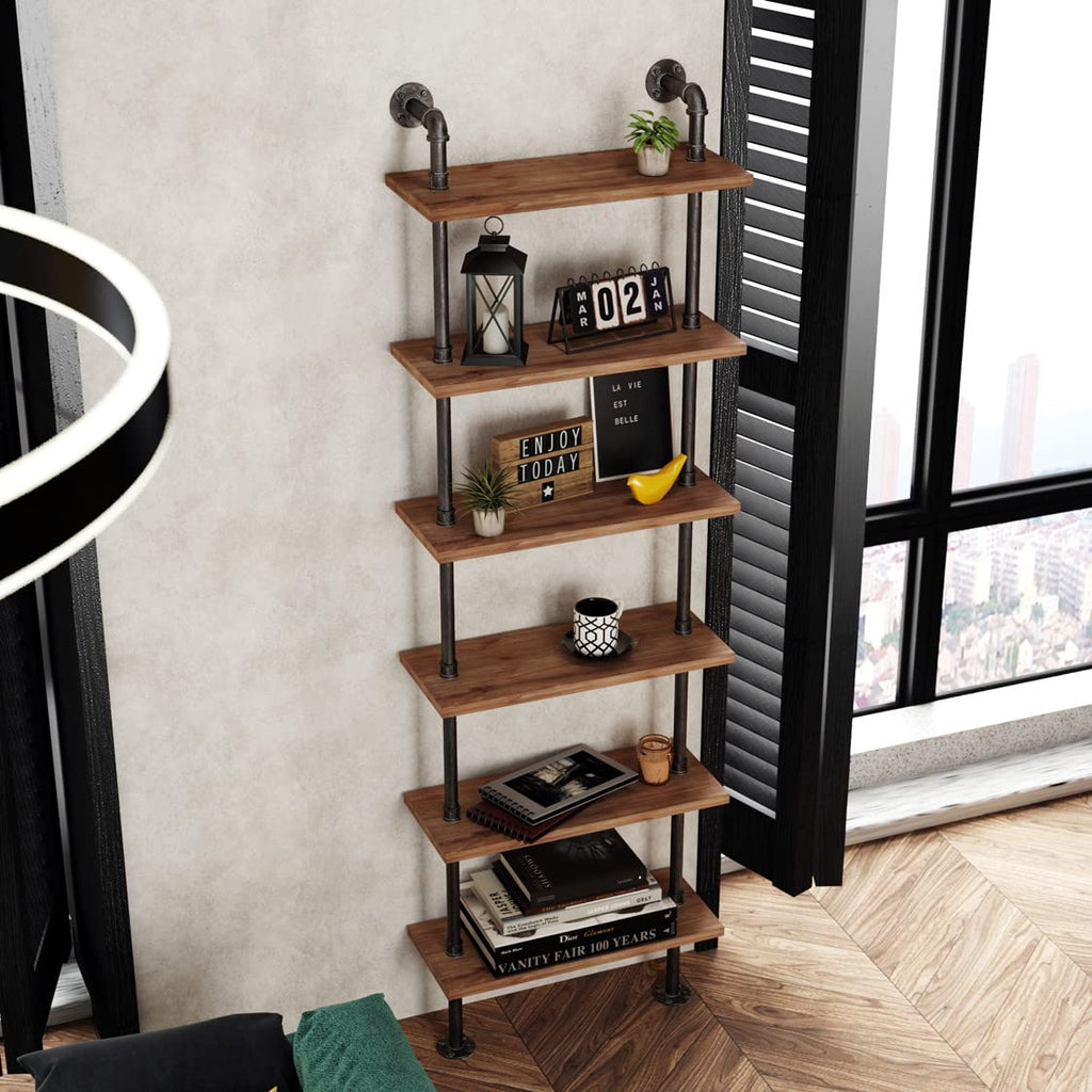 Industrial Pipe Bookshelves Rustic Wall Ladder Bookshelf Display Storage Stand Shelf Bookcase (6 Tier)