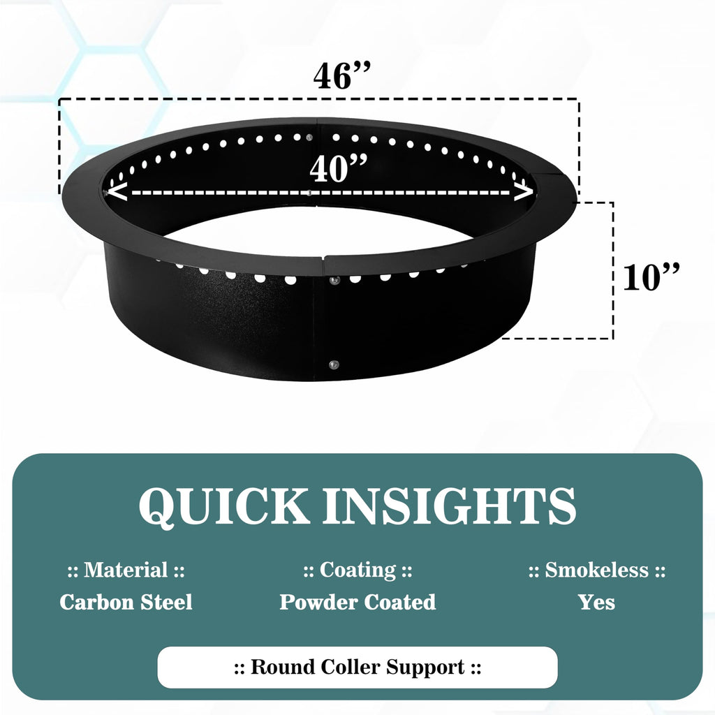 Smokeless Fire Pit Insert 46" - Steel Foldable Round Fire Pit Ring with Air Vents and Coller Support - DIY Fire Ring