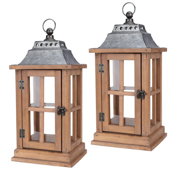 15 Inch Outdoor Decorative Lanterns, Set of 2 Wooden Candle Lanterns