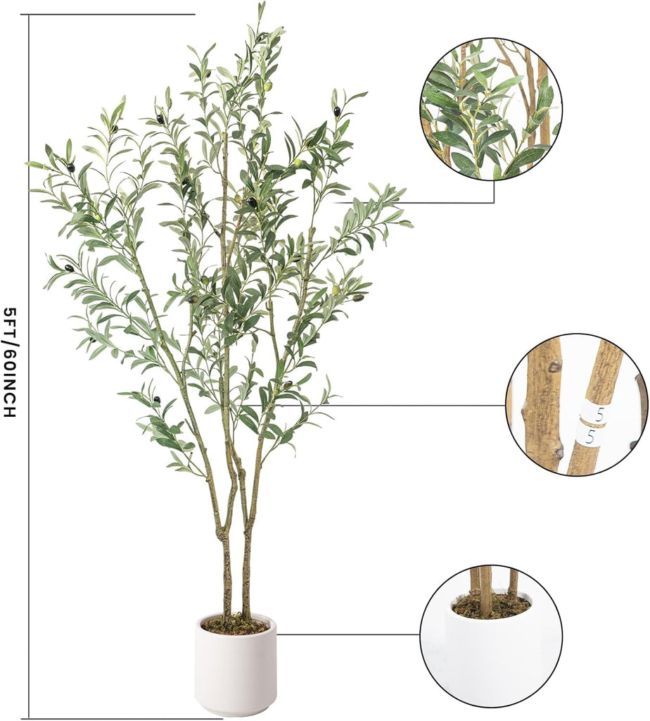Fake Olive Tree 5FT Tall 1Pack with White Planter Decor