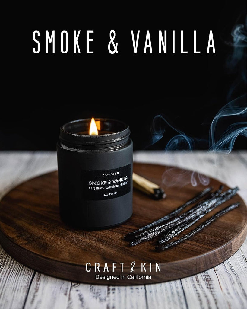Premium Smoke & Vanilla Scented Candle - Long Lasting, 45 Hour Burn Time - Luxury Black Natural Soy Scented Candle