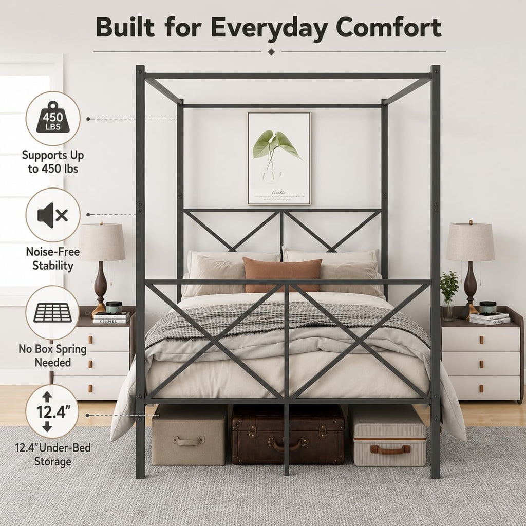 Canopy Bed Frame with Headboard & Footboard, Black Vintage Metal Canopy Platform Bed 14 Inch Platform, No