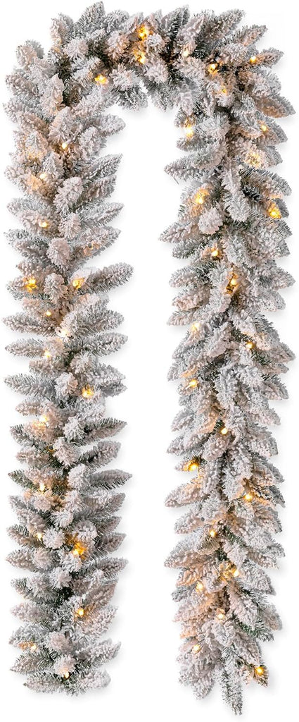 For Mantle, Pre-Lit Snow Flocked Christmas Garland with Warm White LED Lights and Timer for Fireplace, Dining Table