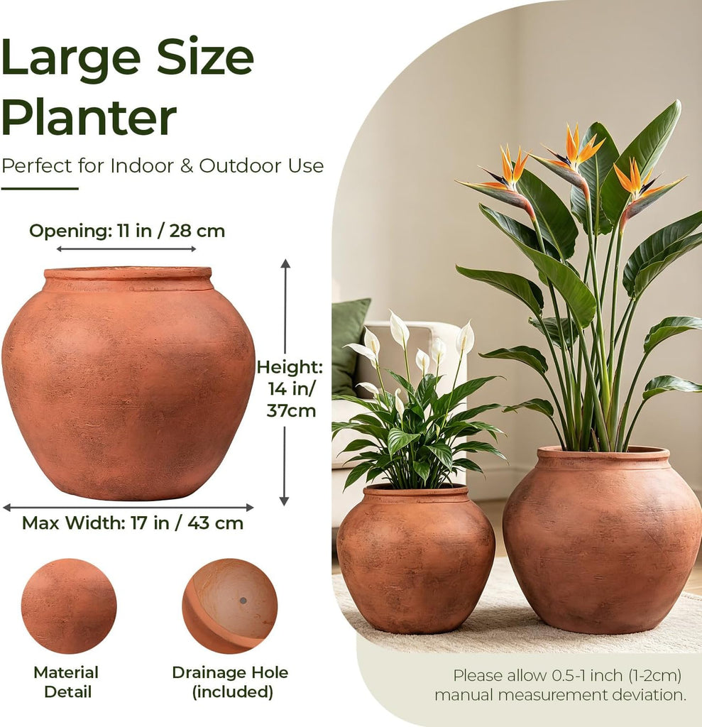 14" H x 17" Dia Fiberstone Distressed Terracotta Planter Pot with Drainage Hole, Large Vintage Indoor Outdoor Flower