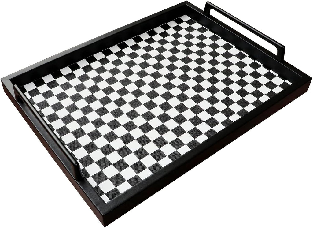 Living Room Coffee Table Decorative Tray, Food Service Tray, Leather Ottoman Tray,with Metal Handles 16.5 x 12.6 in