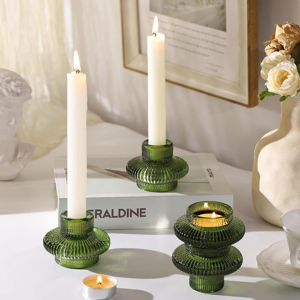 Green Taper Candle Holders Set of 10 for Taper Candles/Tea Lights, Ribbed Glass Candlestick Holders for Boho Wedding