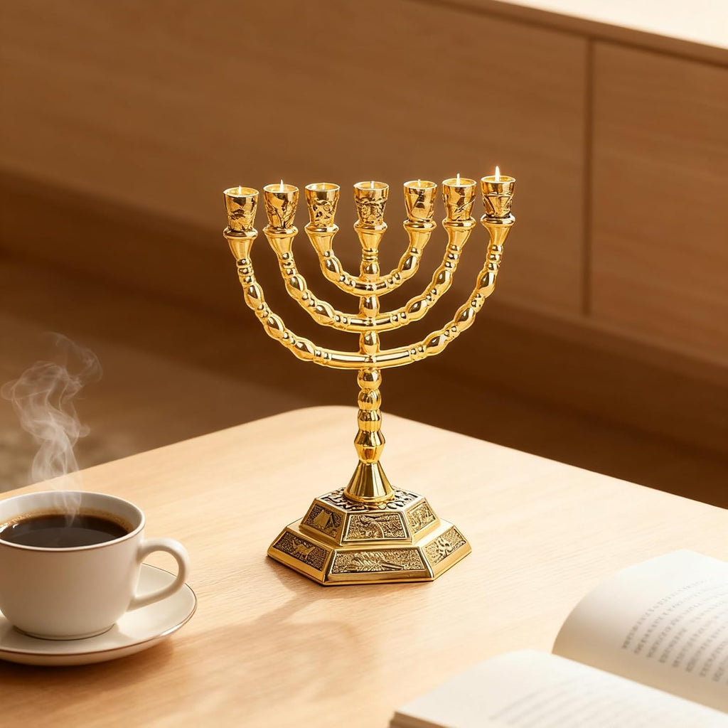 Hanukkah Candle Holder 7-Branch Jerusalem Temple Decoration Golden